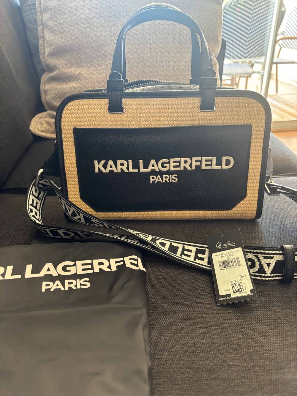 KARL LAGERFELD Paris Black & Natural Straw Satchel